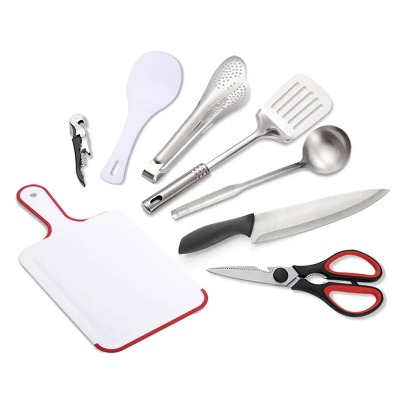 Küchenutensilien-Set aus Edelstahl und Kunststoff, inklusive Messer, Schneidebrett, Schere.