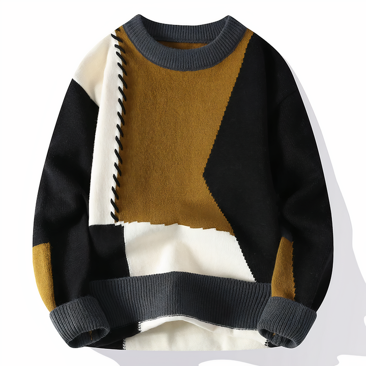 Herrenpullover, geometrisches Muster, schwarz-braun-weiß, Strick, modisch, warm.