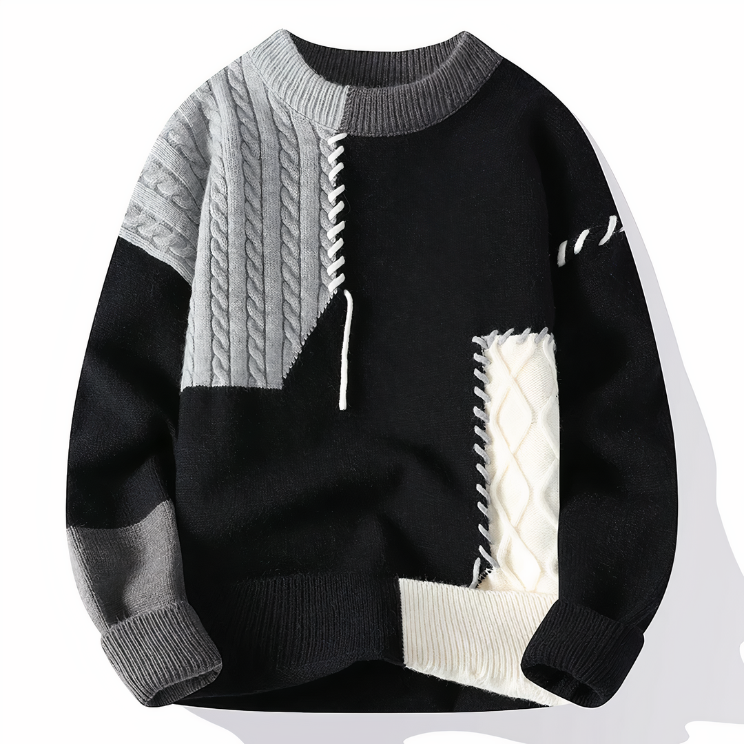 Schwarz-grauer Patchwork-Pullover, Strickmuster, Herrenmode, Winterkleidung, Baumwolle.