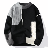 Schwarz-grauer Patchwork-Pullover, Strickmuster, Herrenmode, Winterkleidung, Baumwolle.