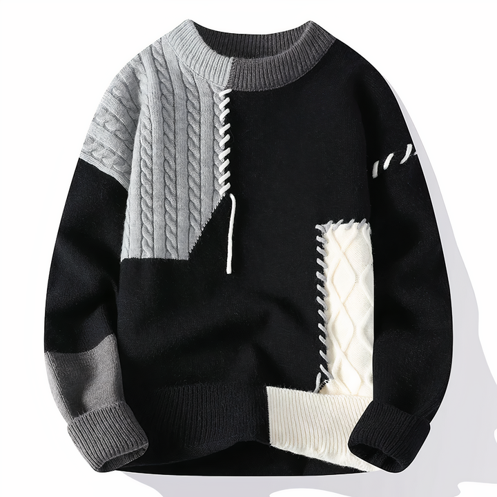Schwarz-grauer Patchwork-Pullover, Strickmuster, Herrenmode, Winterkleidung, Baumwolle.