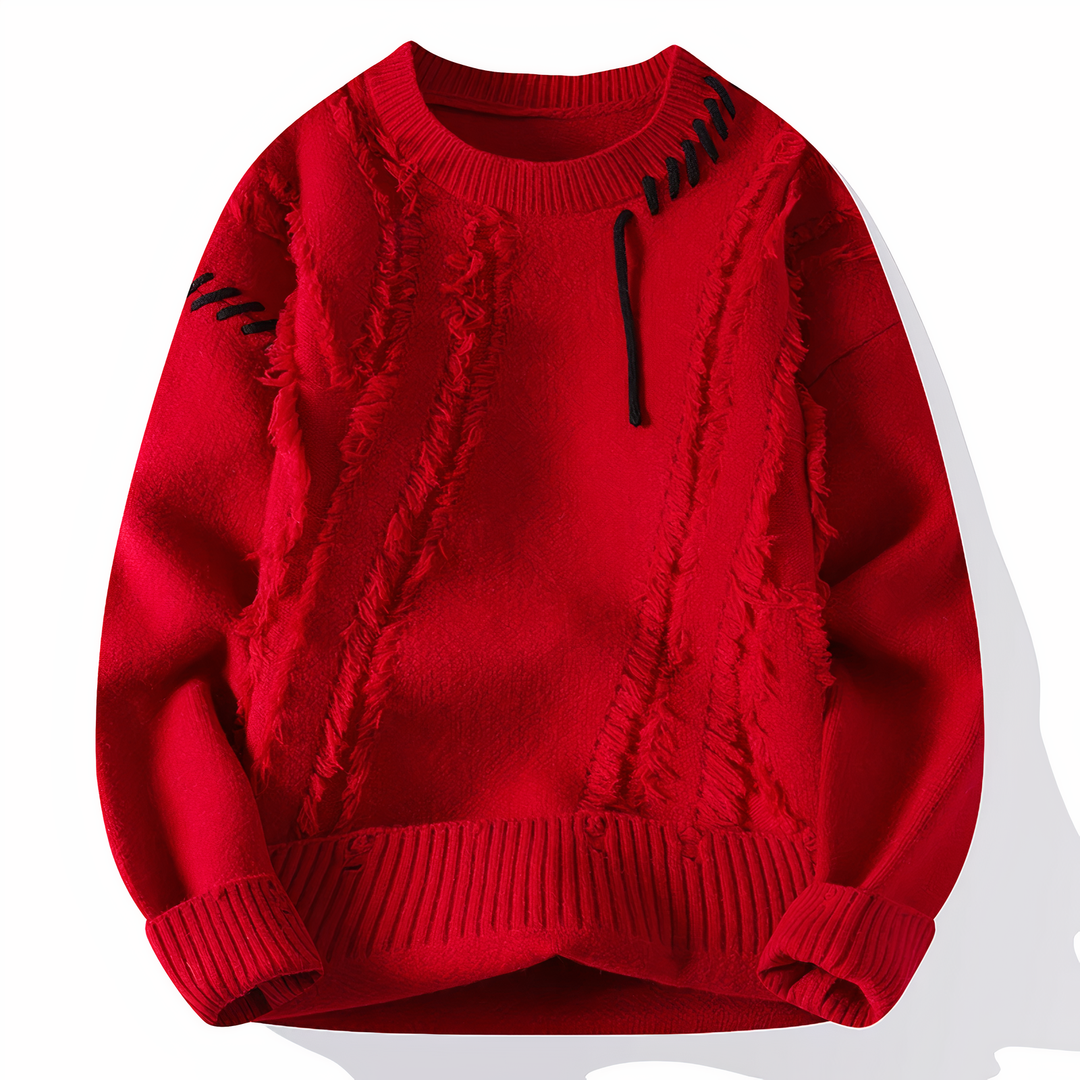 Roter Strickpullover mit Fransen, Herrenmode, Baumwolle, modisches Design, Winterkleidung.