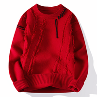 Roter Strickpullover mit Fransen, Herrenmode, Baumwolle, modisches Design, Winterkleidung.