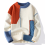 Bunter Strickpullover, Patchwork-Design, Rot-Blau-Creme, Unisex, Herbstmode, Baumwolle.