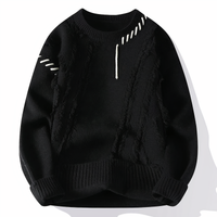 Schwarzer Strickpullover mit weißen Ziernähten, Herrenmode, Winterkleidung, Baumwolle.