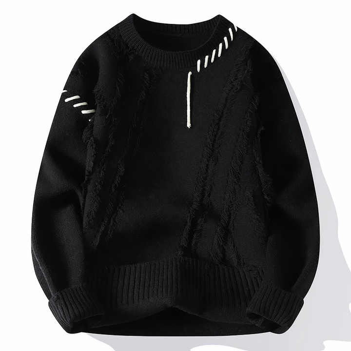 Schwarzer Strickpullover mit weißen Ziernähten, Herrenmode, Winterkleidung, Baumwolle.