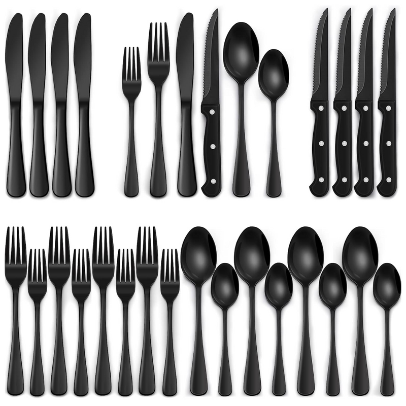 Schwarzes Besteckset aus Edelstahl, 24-teilig, modern, Messer, Gabeln, Löffel, stilvoll.