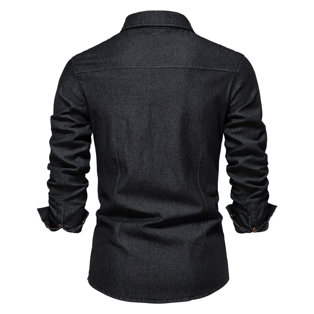 Schwarzes Herren-Jeanshemd, langärmelig, Knopfleiste, Freizeitmode, Rückansicht.