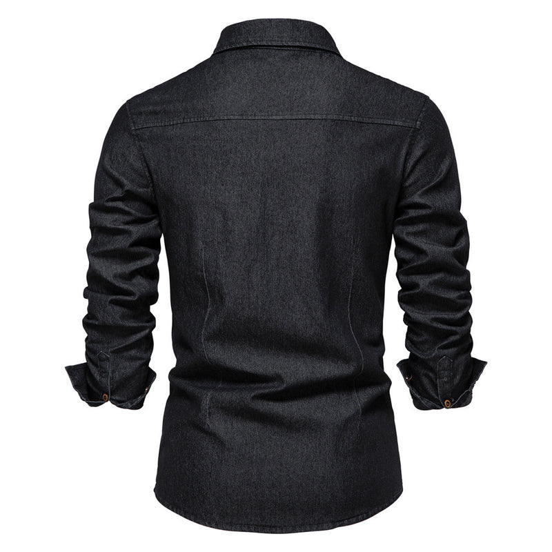 Schwarzes Herren-Jeanshemd, langärmelig, Knopfleiste, Freizeitmode, Rückansicht.