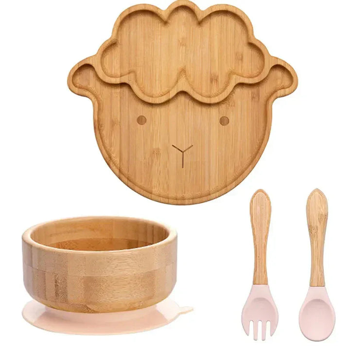Bambus Kindergeschirr Set, Schaf-Design, rosa, rutschfest, umweltfreundlich, Löffel und Gabel.