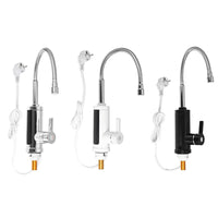 Drei elektrische Wasserhähne, weiß und schwarz, mit flexiblem Auslauf und Stromkabel.