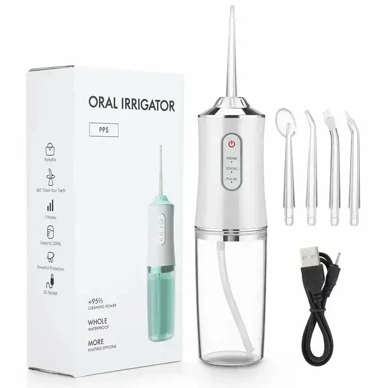 Tragbarer weißer Munddusche mit Zubehör, USB-Kabel, Box, ideal für Zahnreinigung.