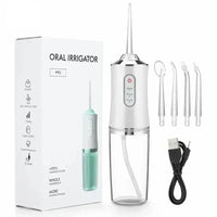 Tragbarer weißer Munddusche mit Zubehör, USB-Kabel, Box, ideal für Zahnreinigung.