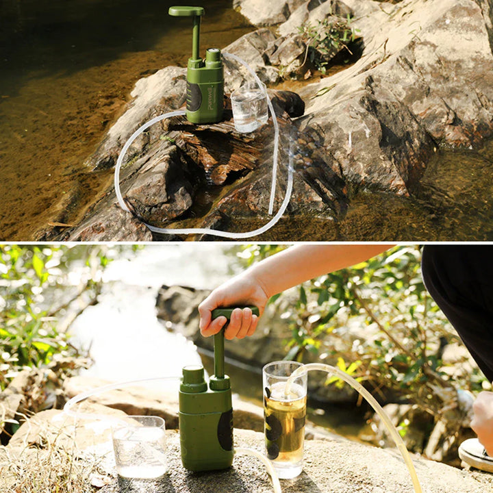 Tragbarer Wasserfilter, manuell, grün, Outdoor, Camping, Survival, Fluss, Trinkwasseraufbereitung.