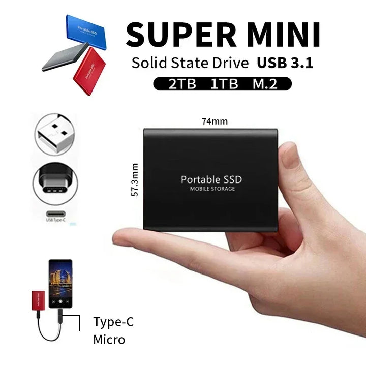 Schwarze tragbare SSD 2TB, USB 3.1, kompakt, mobile Speicherung, Typ-C, Micro-Anschluss.