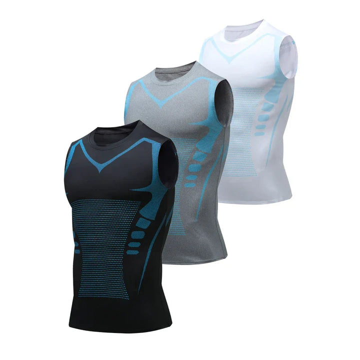 Drei ärmellose Kompressionsshirts, schwarz, grau, weiß, atmungsaktiv, Sportbekleidung.