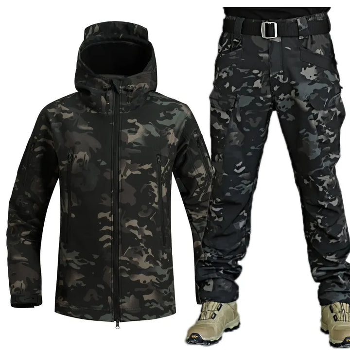 Tarnjacke und Hose Set, wasserdicht, schwarz-grau Camouflage, Outdoor-Bekleidung.
