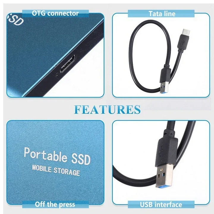 Blauer tragbarer SSD-Speicher mit USB-Anschluss und OTG-Kabel für mobile Datensicherung.
