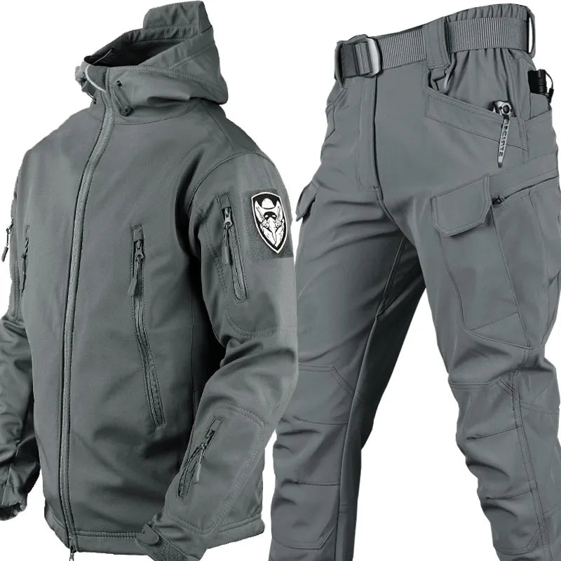 Graue taktische Softshell-Jacke und Hose, wasserabweisend, Outdoor-Bekleidung, Herren.