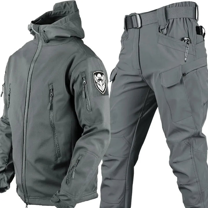 Graue taktische Softshell-Jacke und Hose, wasserabweisend, Outdoor-Bekleidung, Herren.
