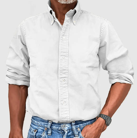 Weißes Herrenhemd, Button-Down-Kragen, langärmlig, Baumwolle, lässig, modisch.