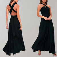 Schwarzes Damen-Wickelkleid, festlich, ärmellos, bodenlang, elegantes Design.