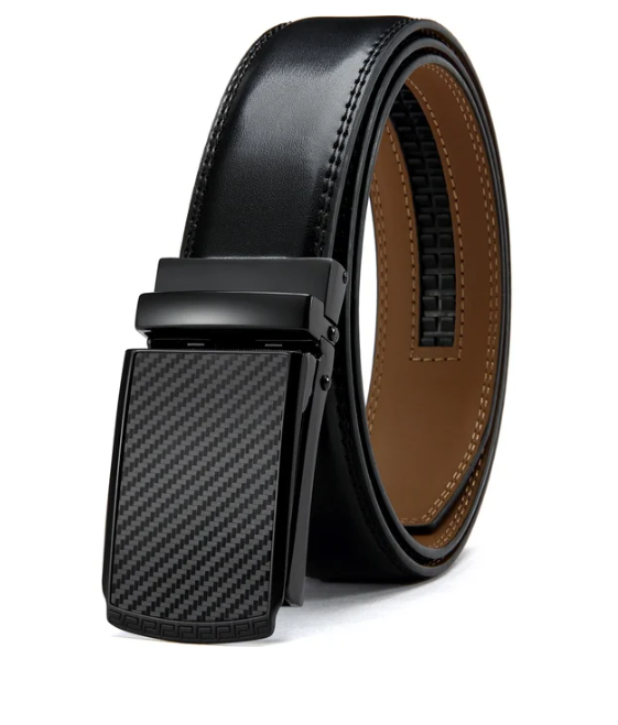 Schwarzer Ledergürtel mit Karbonfaser-Schnalle, Herrenmode, elegant, hochwertig