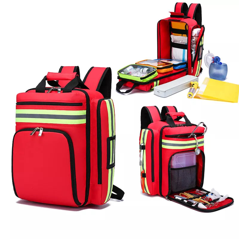 Roter Erste-Hilfe-Rucksack mit gelben Streifen, medizinische Ausrüstung, Notfalltasche.
