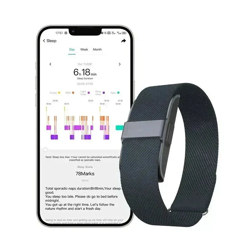 Schwarzes Fitnessarmband mit Schlaftracker, kompatibel mit Smartphone-App, Gesundheitsüberwachung.