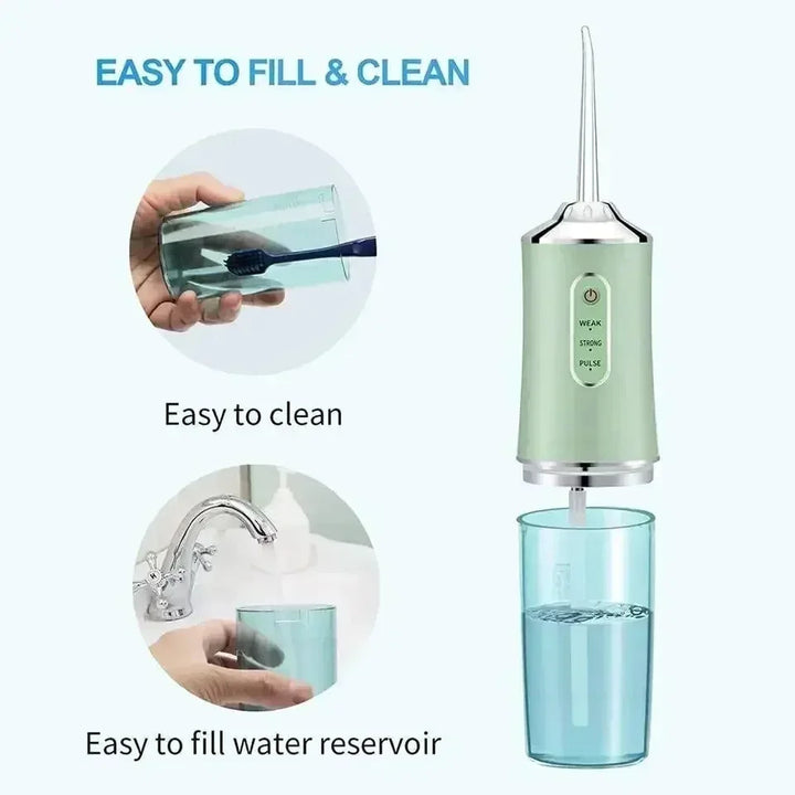 Tragbare grüne Munddusche, einfach zu reinigen, ideal für Zahnreinigung und Mundhygiene.