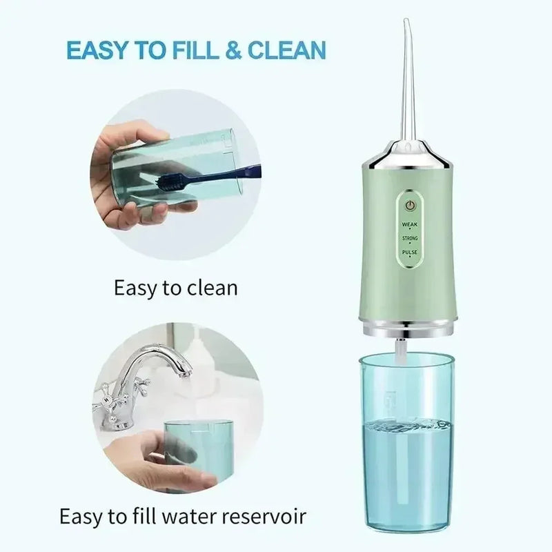 Tragbare grüne Munddusche, einfach zu reinigen, ideal für Zahnreinigung und Mundhygiene.
