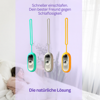 Drei tragbare Schlafgeräte in Türkis, Grau und Orange zur Bekämpfung von Schlaflosigkeit.