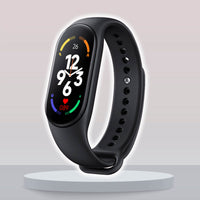 Schwarzes Fitnessarmband mit Farbdisplay, Herzfrequenzmesser, Schrittzähler, modernem Design.