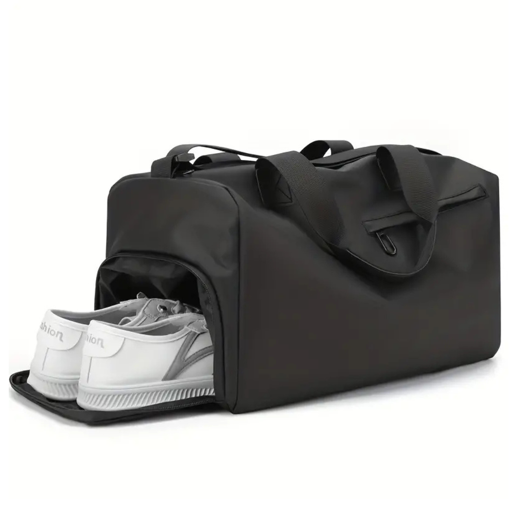 Schwarze Sporttasche mit Schuhfach, wasserdicht, ideal für Fitness und Reisen.