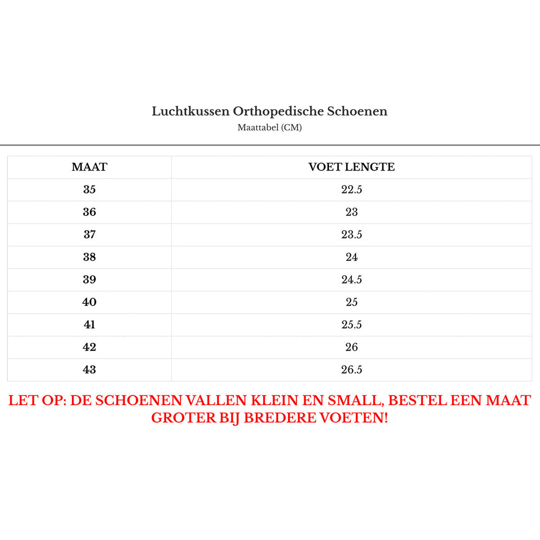 Größentabelle für Luftkissen Orthopädische Schuhe, Größen 35-43, Hinweis auf kleine Passform.