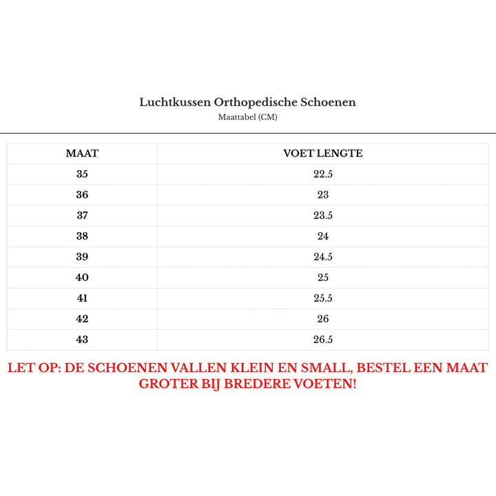 Größentabelle für Luftkissen Orthopädische Schuhe, Größen 35-43, Hinweis auf kleine Passform.
