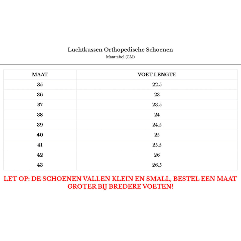 Größentabelle für Luftkissen Orthopädische Schuhe, Größen 35-43, Hinweis auf kleine Passform.
