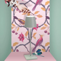 Graue Tischlampe vor rosa Tapete mit Vögeln und Blumen, modernes Innendesign.