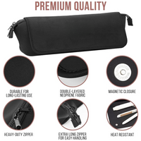 Schwarzes Neopren-Etui mit Magnetverschluss, langlebig, hitzebeständig, Reißverschluss.
