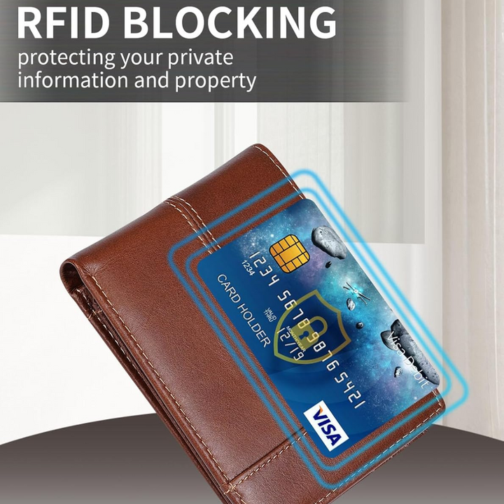 Braune RFID-blockierende Geldbörse aus Leder, schützt Kreditkarten vor Datendiebstahl.