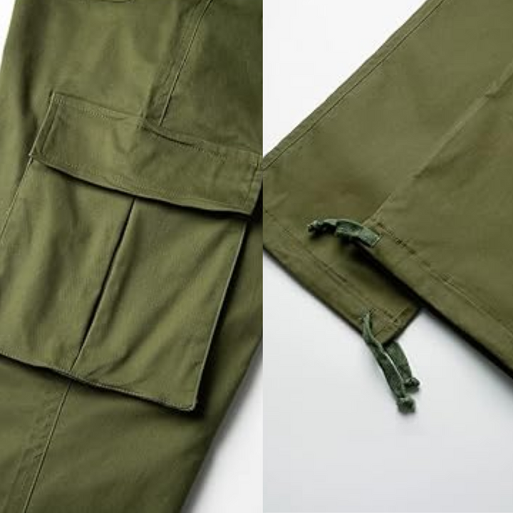 Grüne Cargo-Hose aus Baumwolle mit Seitentaschen, robustes Design für Outdoor-Aktivitäten.