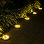 Solarbetriebene LED-Bodenleuchten beleuchten Gartenweg nachts, energiesparend, wetterfest.