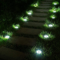 Solarbetriebene LED-Gartenleuchten beleuchten einen gepflasterten Weg bei Nacht.