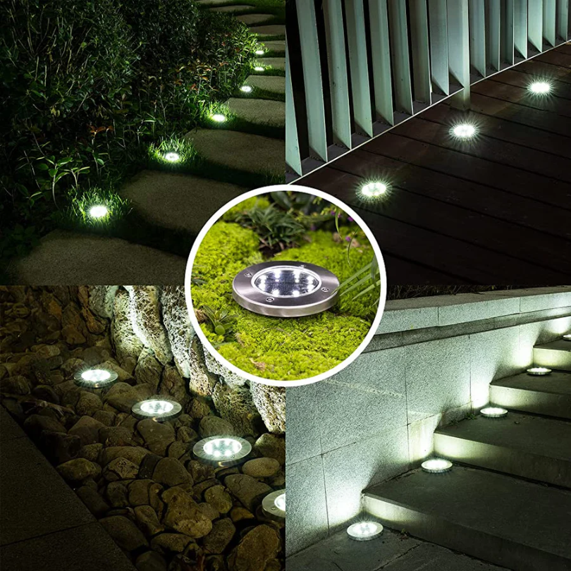 Runde LED-Solarleuchten für Garten, Terrasse und Treppen, energiesparend, wetterfest.