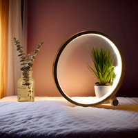 Moderne LED-Tischlampe mit Pflanzenhalter, rund, Holzoptik, Schlafzimmer-Dekoration.
