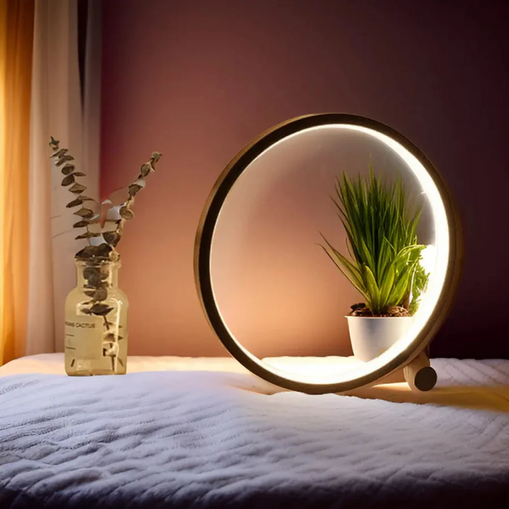 Moderne LED-Tischlampe mit Pflanzenhalter, rund, Holzoptik, Schlafzimmer-Dekoration.
