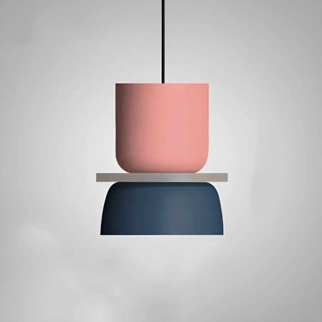 Moderne Hängelampe, rosa und blau, minimalistisches Design, Wohnzimmerbeleuchtung, Metall.