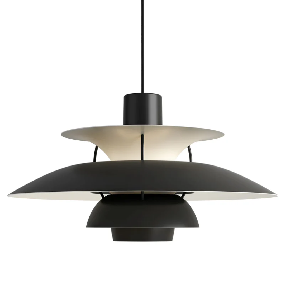 Schwarze Pendelleuchte, modernes Design, Metall, skandinavischer Stil, Innenbeleuchtung.