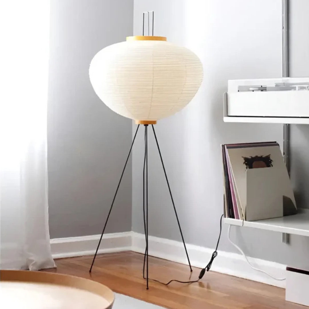 Stehlampe aus Papier, weiß, modernes Design, dreibeinig, Wohnzimmer, skandinavischer Stil