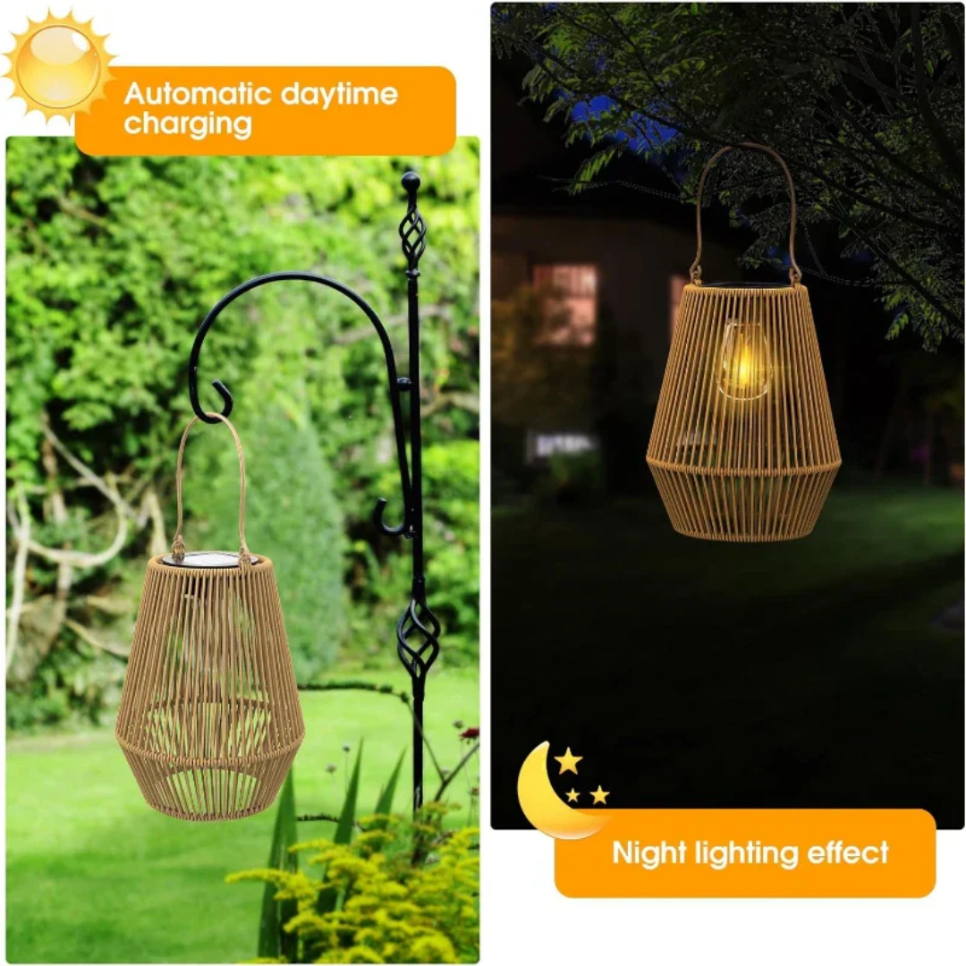 Solarbetriebene LED-Laterne aus Bambus für Garten, automatische Aufladung, Nachtbeleuchtung.
